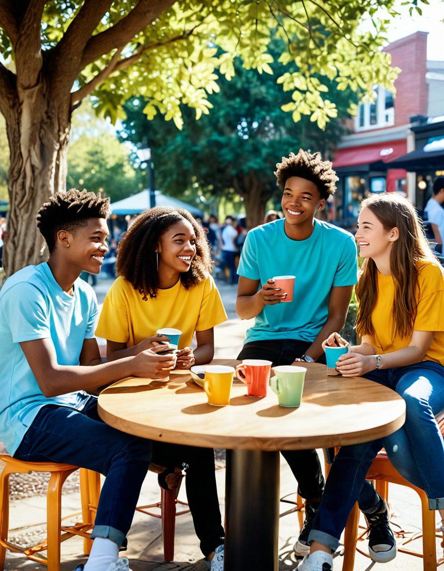 A vibrant scene showcasing diverse teenagers engaged in various aspects of dating, such as chatting at a coffee shop, group outings, and sharing secrets in a park, all exuding joy and connection. There should be elements of technology, like smartphones and social media symbols, subtly incorporated. Use bright, lively colors to evoke a sense of youth and adventure. Illustrate them in a dynamic, semi-casual dress style indicative of modern trends. super-realistic. vibrant colors. 3D.
