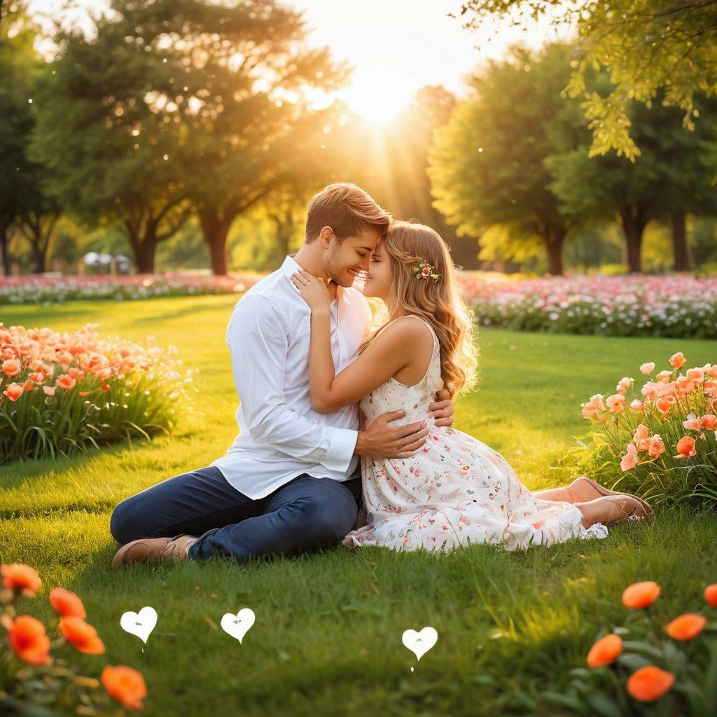 A dreamy scene depicting a young couple sharing a tender moment in a sunlit park, surrounded by blooming flowers and soft green grass. Expression of joy and innocence captured on their faces, with a warm sunset in the background symbolizing hope and new beginnings. Include elements like handwritten letters and heart-shaped doodles around them. soft focus. vibrant colors. romantic and whimsical.