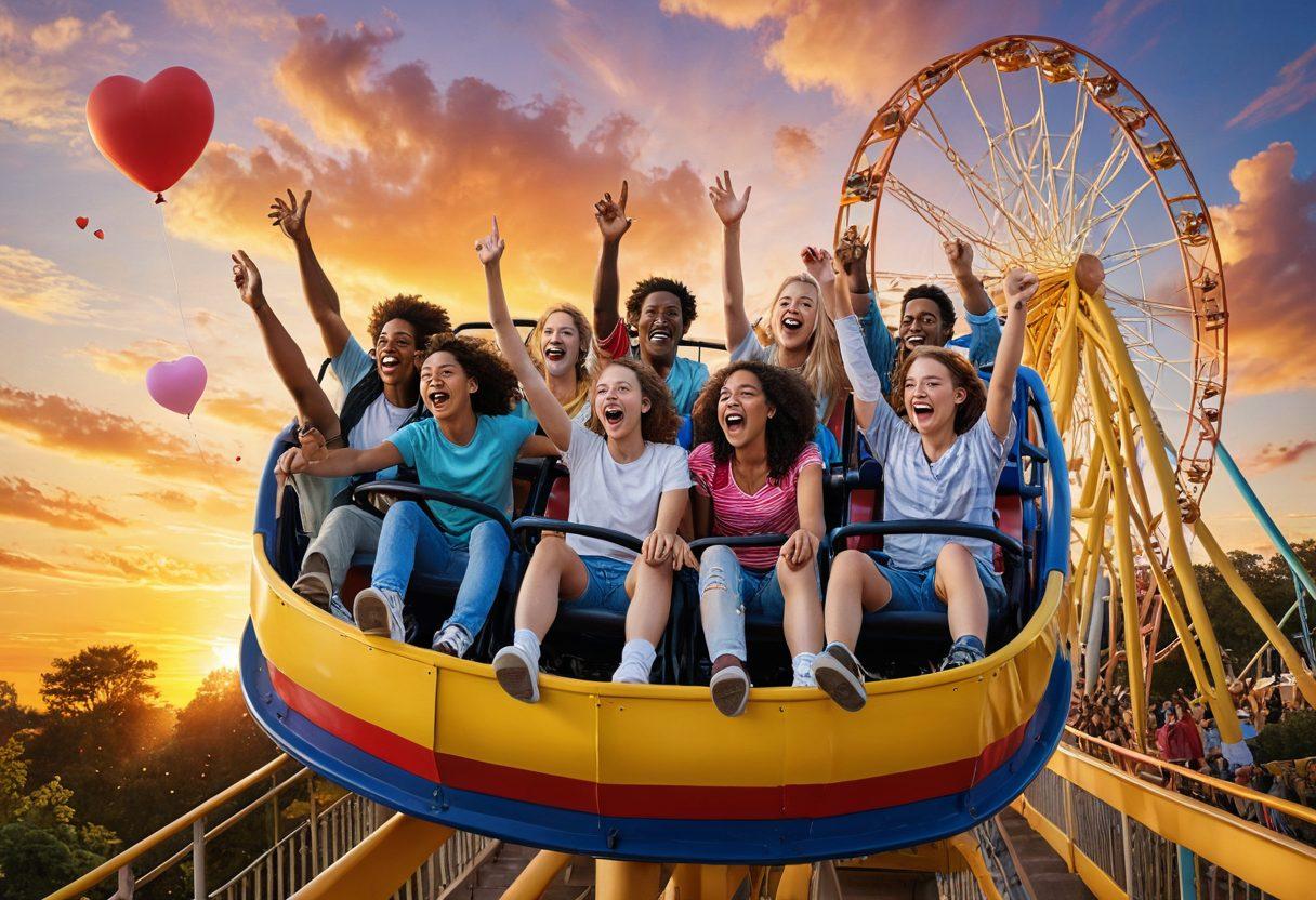 A vibrant scene capturing a diverse group of teenagers joyfully experiencing a rollercoaster ride, their expressions a mix of excitement and nervousness. In the background, colorful hearts float in the sky, symbolizing love, while a sunset casts a warm glow over the landscape. Elements of friendship and romantic connections are subtly woven into the scene, with some teens playfully teasing each other. The atmosphere is lively and energetic, filled with a sense of adventure. super-realistic. vibrant colors. cheerful mood.